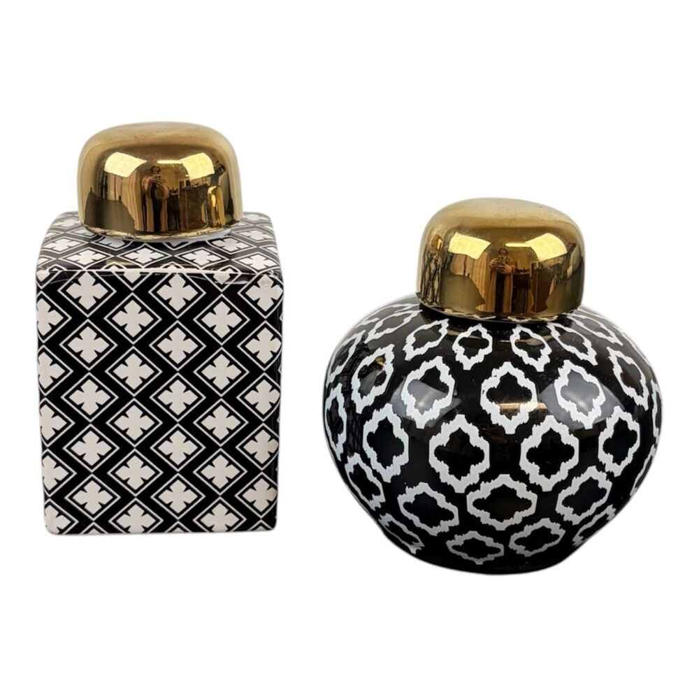 Two’s Company Black White Gold Ceramic Tea Jars Pair (2) Geometric & Quatrefoil